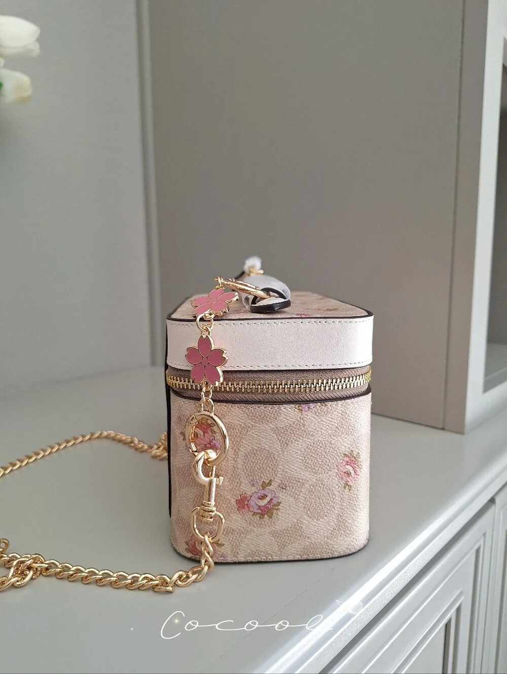 NEW Coach Cosmetic Case In Signature Canvas With Floral Print & Crossbody Chain